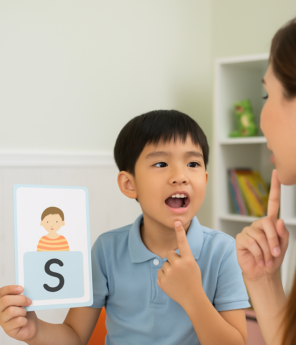 A young East Asian boy is sitting at a table with a speech therapist in a bright, child-friendly room. The boy is smiling and pointing at illustrated speech cards, while the therapist encourages him with a warm expression. The background includes educational posters and colorful toys, emphasizing a supportive and engaging learning environment.