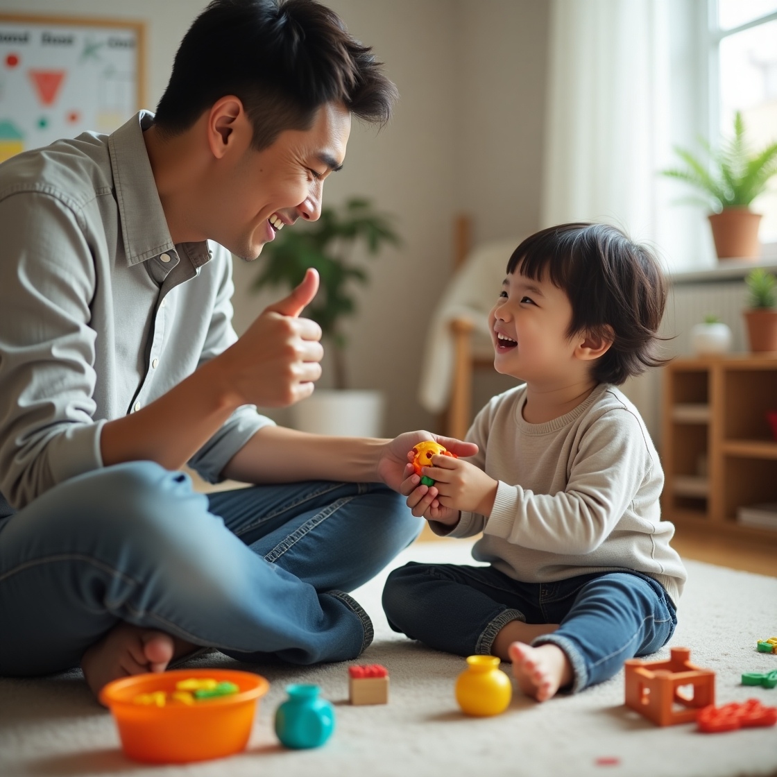 A father and his 5-year-old child are in a cozy playroom, sitting cross-legged on the floor. The child is smiling and handing a toy to the father—a small but powerful moment of cooperation.