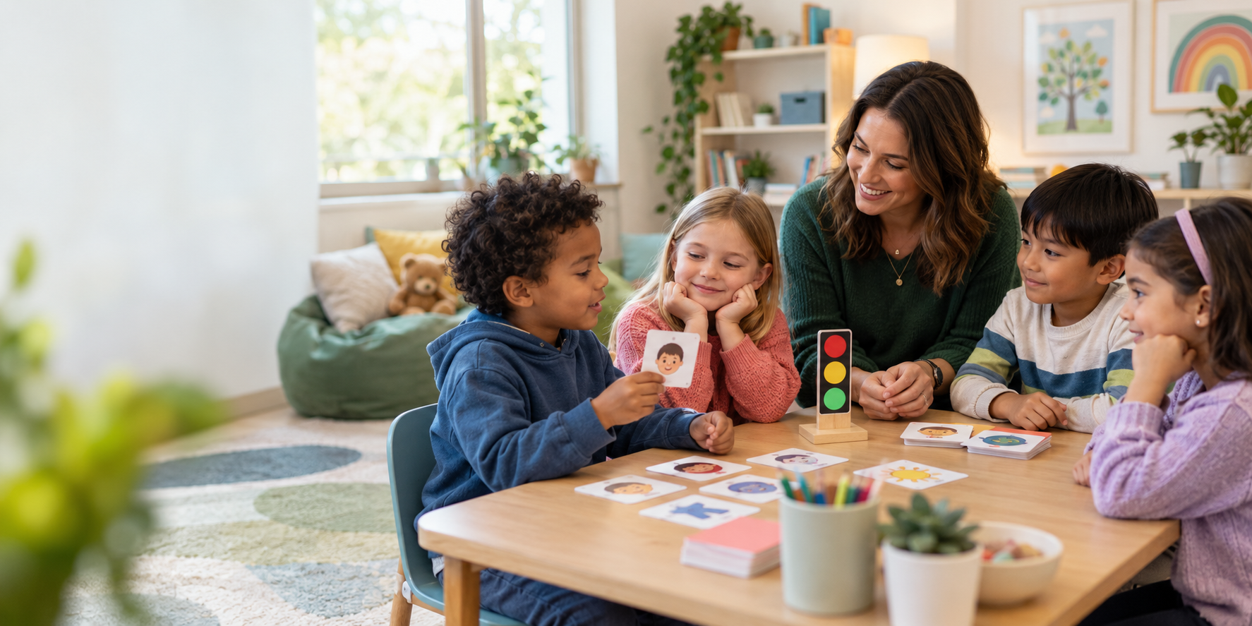 Children practising impulse control and self-regulation skills with a counsellor in Hong Kong