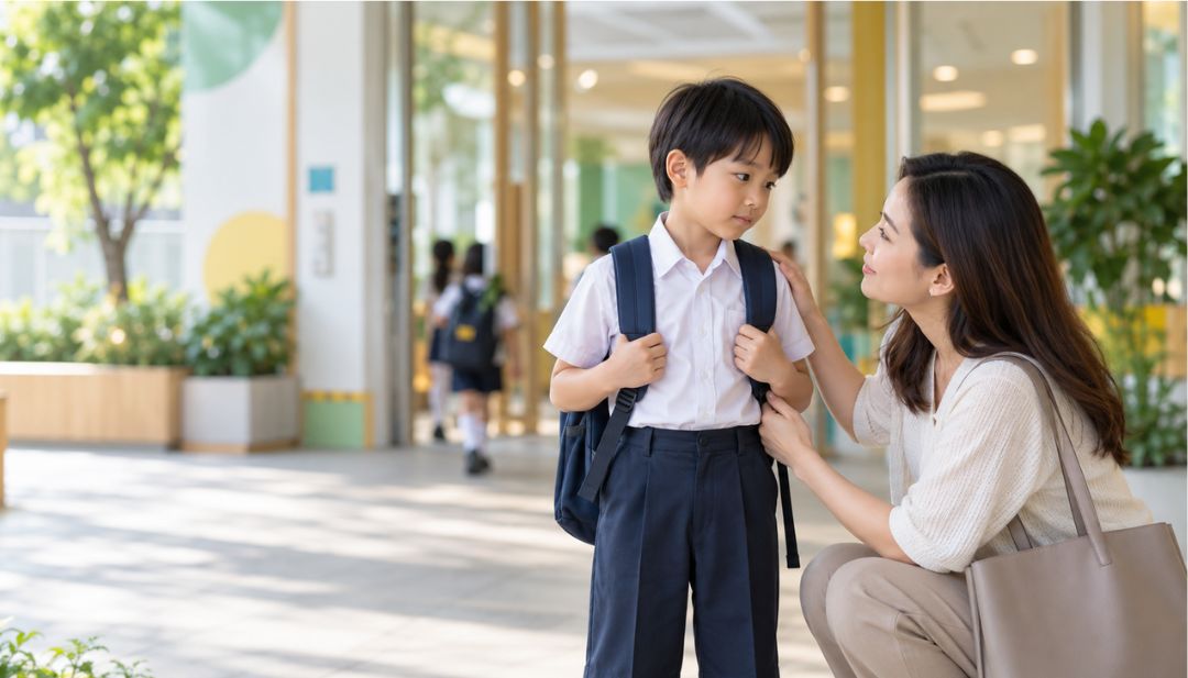 A parent reassuring a primary-school-aged child at a Hong Kong school entrance during the back-to-school transition.
