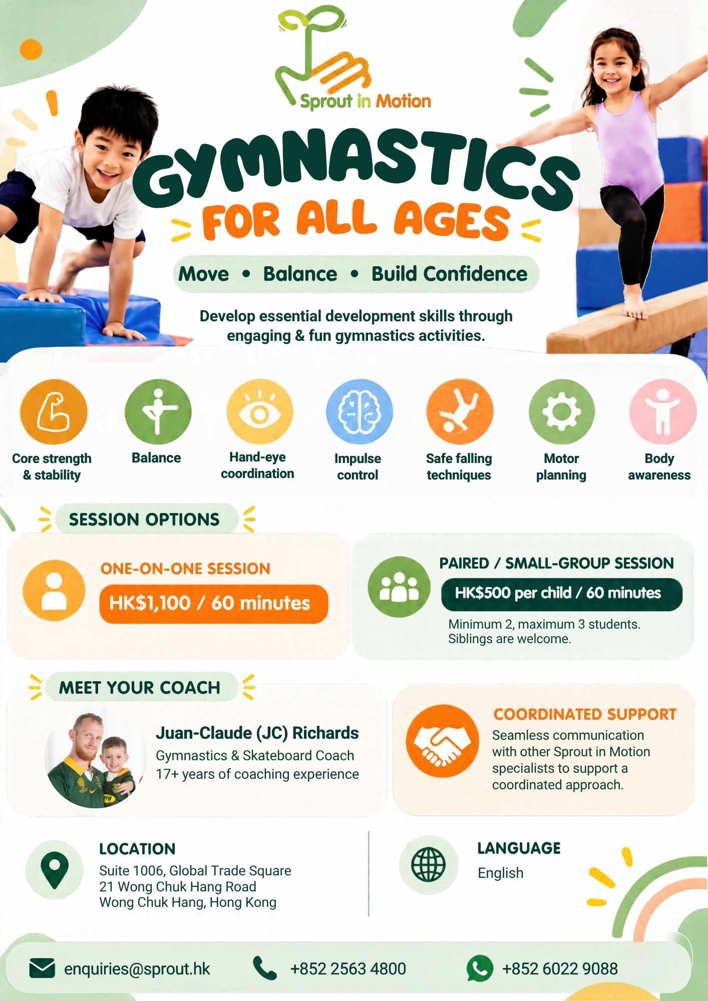 Original Gymnastics for All Ages programme flyer with session fees and contact details.