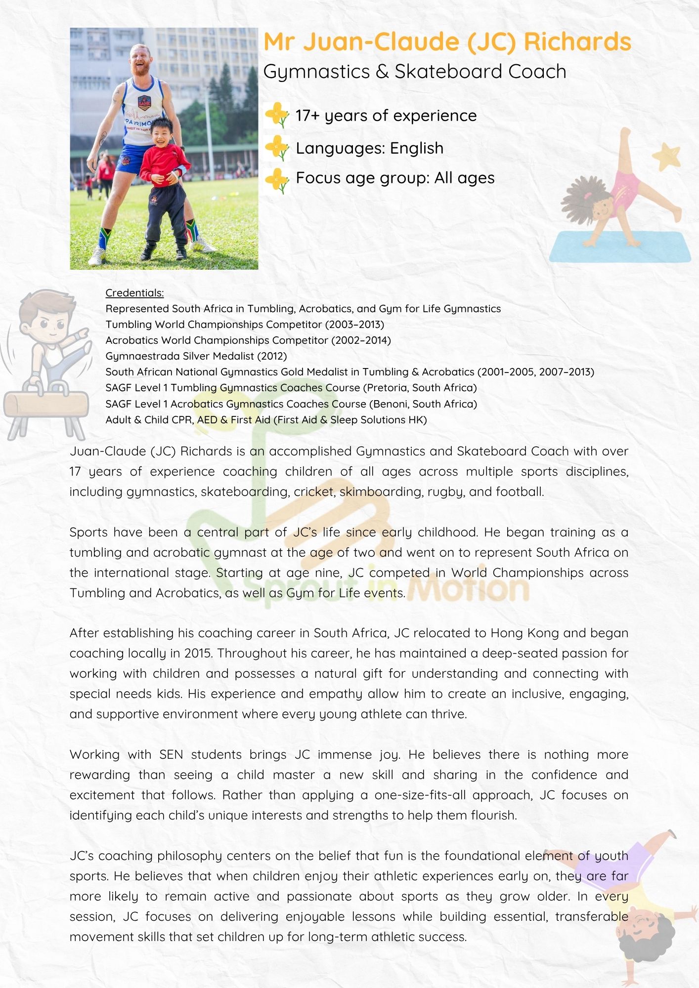 Original Juan-Claude (JC) Richards coach profile and experience flyer.